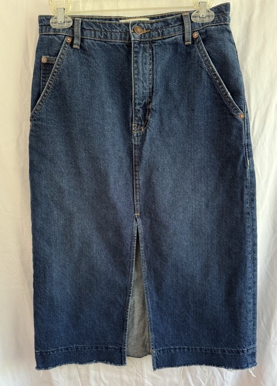 We The Free Wild Roses Denim Midi Skirt Sz 25 Front Slit Cowgirl Rodeo Bohemian